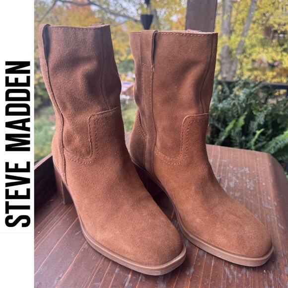 Steve Madden Romney Chestnut Brown Suede Block Heel 7 Like New pull on leather - Picture 4 of 11